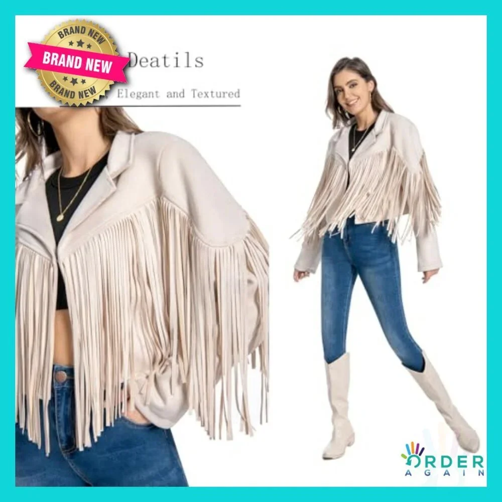 Faux Leather Fringe Jacket Western Cowgirl Crop Moto Top Tassel Design - Picture 3 of 5